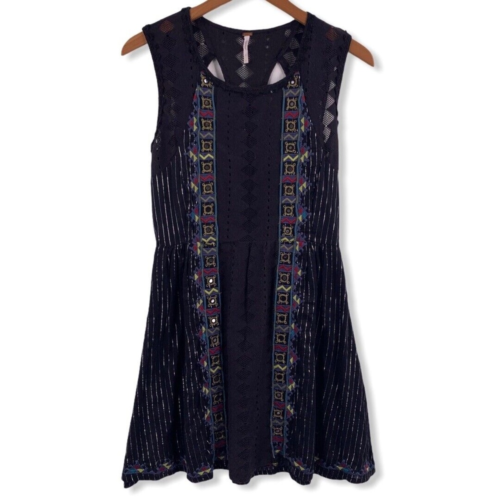 Free People Black Dress Mini Water Lily Embroidered Sundress Boho Size 2